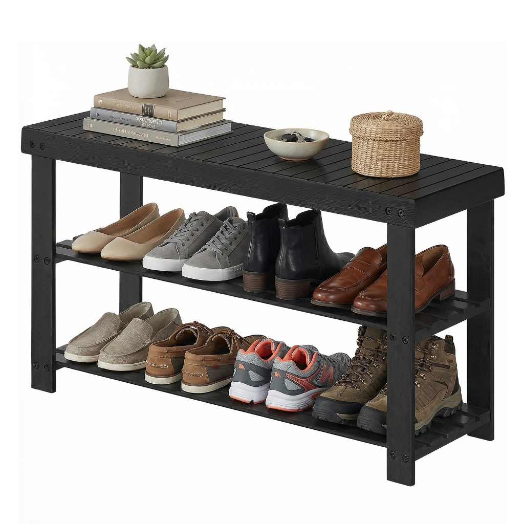 SONGMICS Banco organizador de sapatos de bambu, 3 níveis, para corredor, quarto ou banheiro, suporta 130 kg, preto