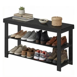 SONGMICS Banco organizador de sapatos de bambu, 3 níveis, para corredor, quarto ou banheiro, suporta 130 kg, preto