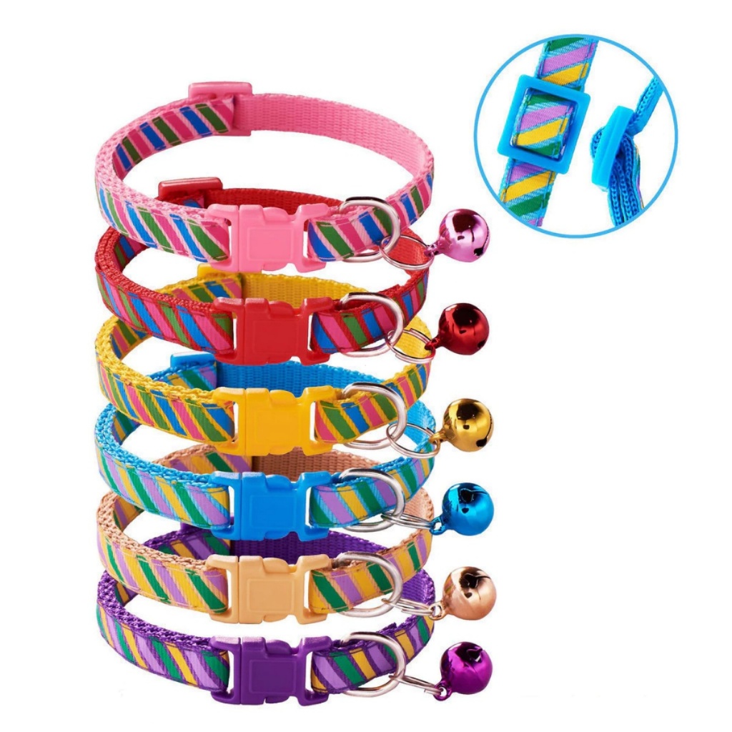 Coleira Ajustável p/ Filhotes - Estilo Listrado com Sino - Ideal p/ Gatos e Cães de Porte Pequeno