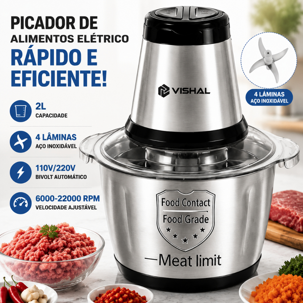 2 Litro Triturador De Alimentos Carne e Legumes Elétrico Multiprocessador 2 Modos Bivolt Inox Fácil De Limpar