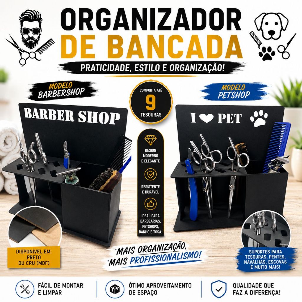 Porta Tesouras Porta Pentes Navalhetes Escovas Barbearia ou Petshop Tosa Preto Cru Bancada Wartes