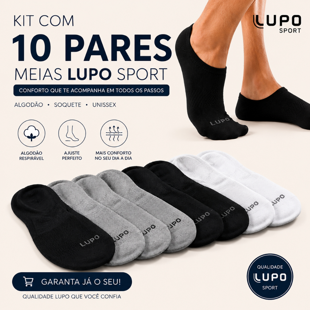 Kit 10 Pares Meias Lupo Sport Cano Invisível Algodão Soquete Sapatilha Unissex Original Ótimo para o Dia Dia