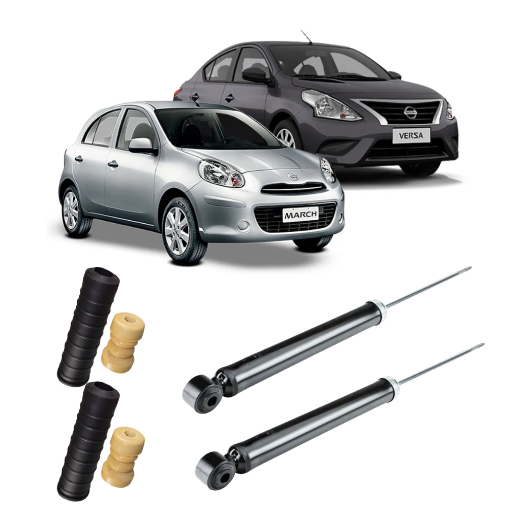 Par Amortecedor + Kit Batente Nissan Versa March Traseiro 2011 Até 2020