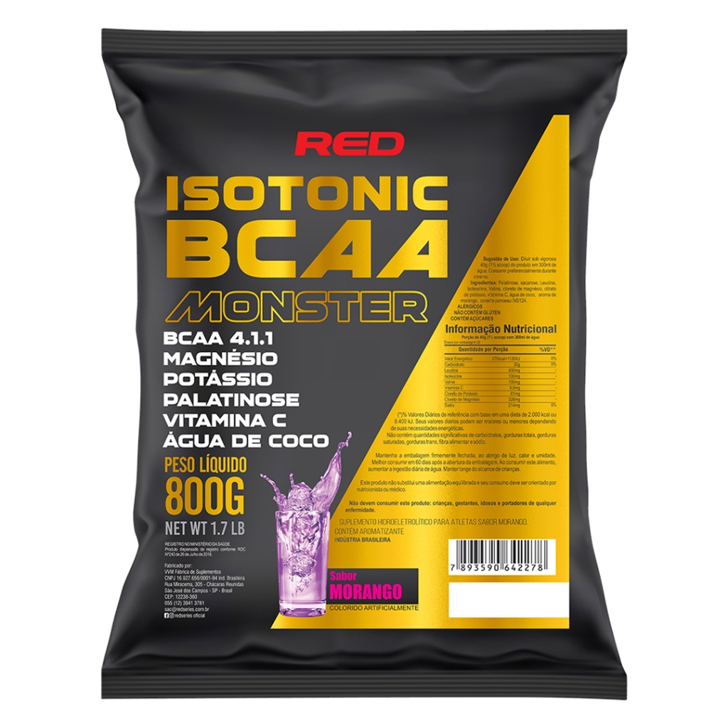 Isotônico BCAA Monster Red Series 800g Morango | Hidroeletrolítico em Pó com BCAA, Vitamina C e Água de Coco