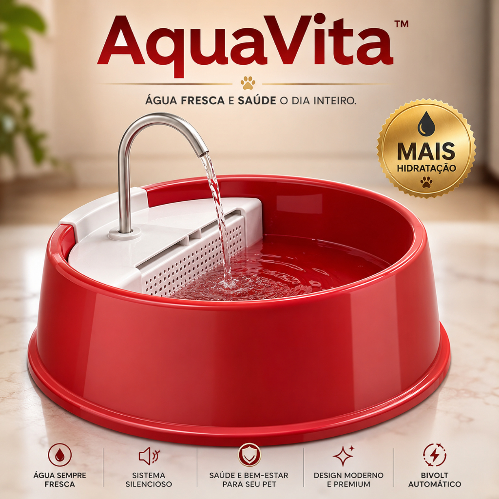 AquaVita™ Fonte Bebedouro Automático Para Cães e Gatos Água Fresca Bivolt Silenciosa Vermelha