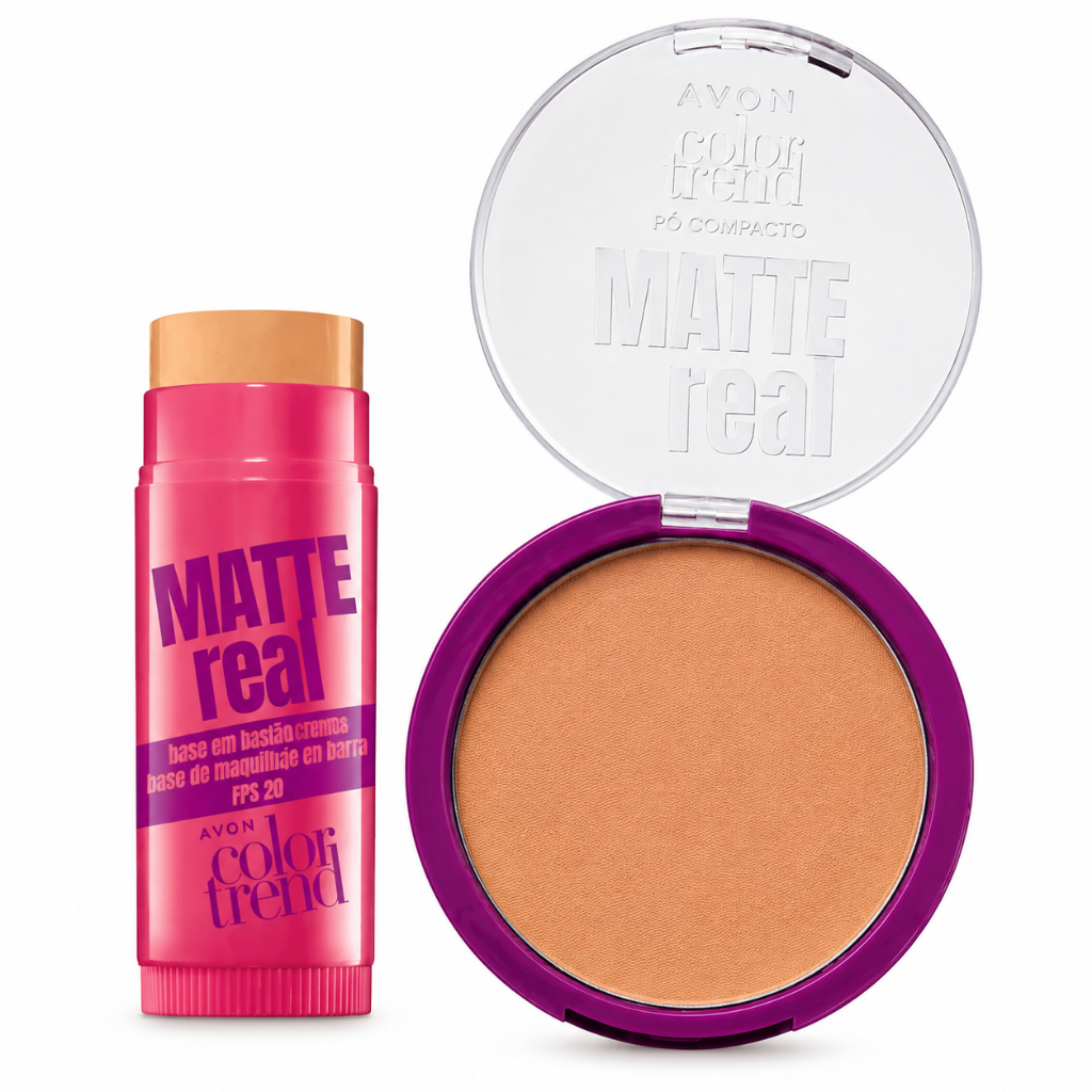 Kit Avon Color Trend Matte Real Base Bastão 6,5g + Pó Compacto Facial 7g Efeito Matte FPS 10