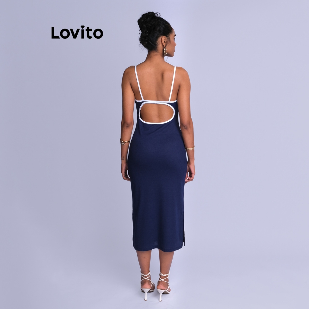 Lovito Vestido Midi Feminino Com Cutout Nas Costas E Vivo Contrastante DRB939BRL969 · foto 2