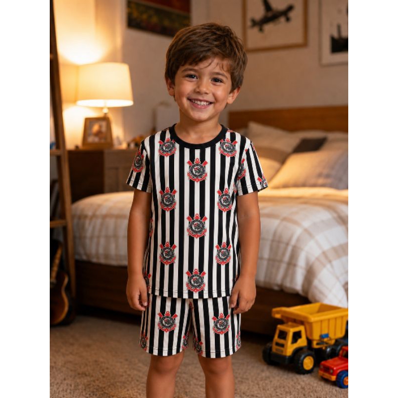 Pijama Masculino infantil Conjunto Curto Estampa Futebol Preto e Branco Camiseta Manga Curta e Short