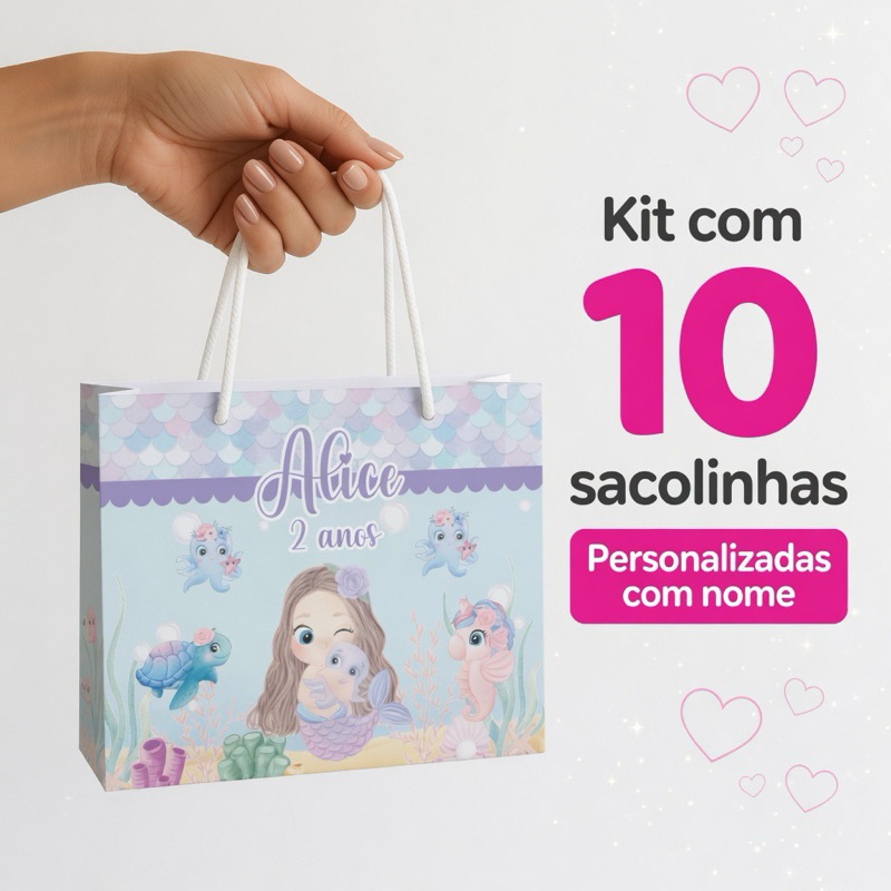 10 Sacolinha  Personalizada Sereia  Fundo do Mar - Mimos de festa infantil - Lembrancinha
