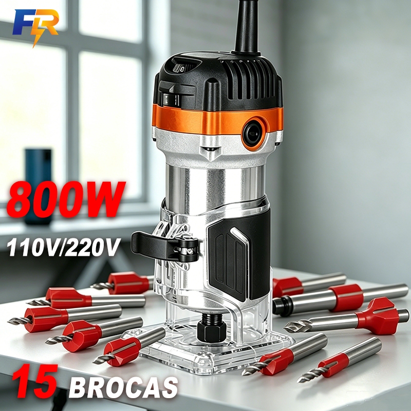 Fresadora manual 800w bivolt 110v/220v 6 velocidades 6mm + jogo 15 fresas para madeira