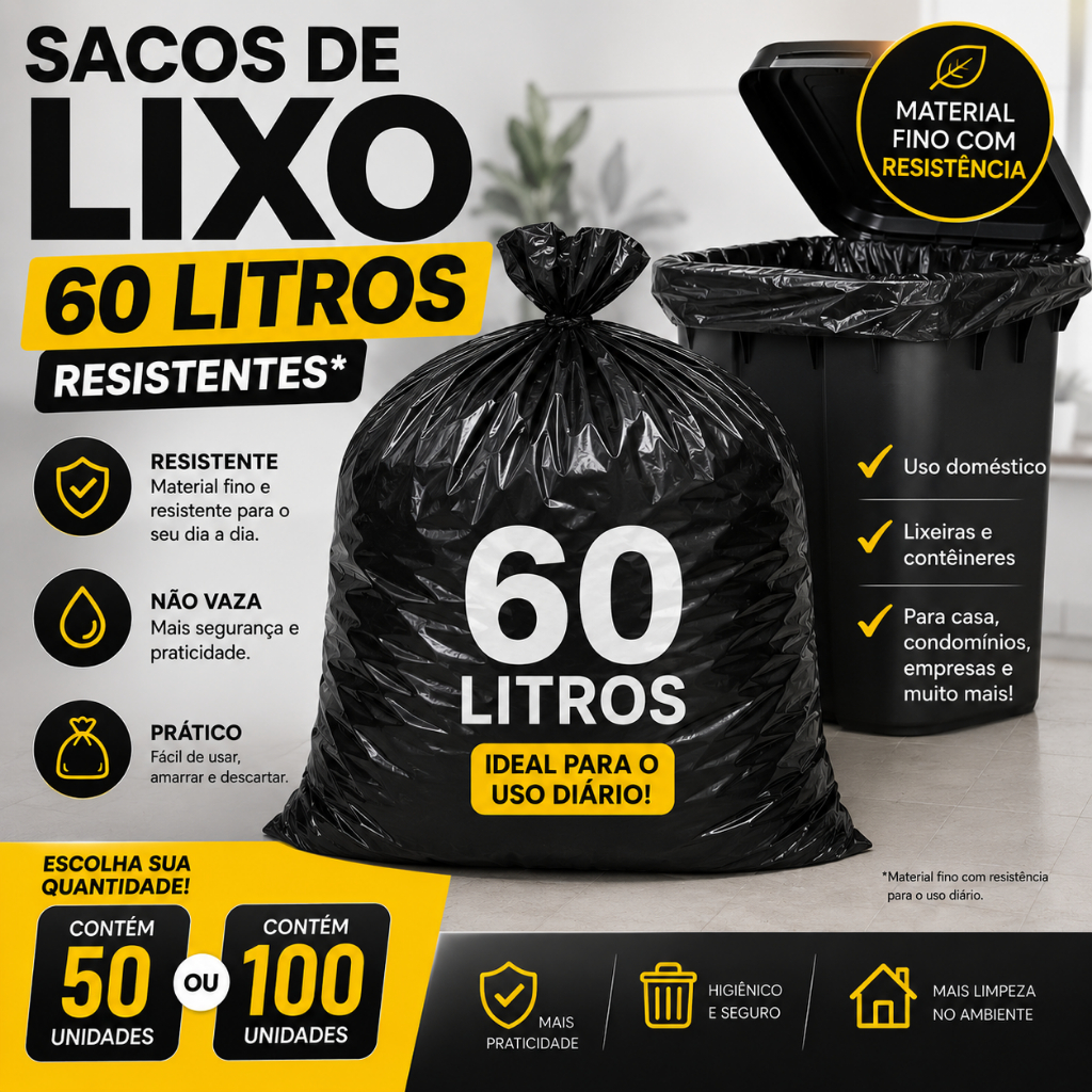 Saco de Lixo 60L Litros Preto com 100unds ou 50 Resistente Direto da Fábrica