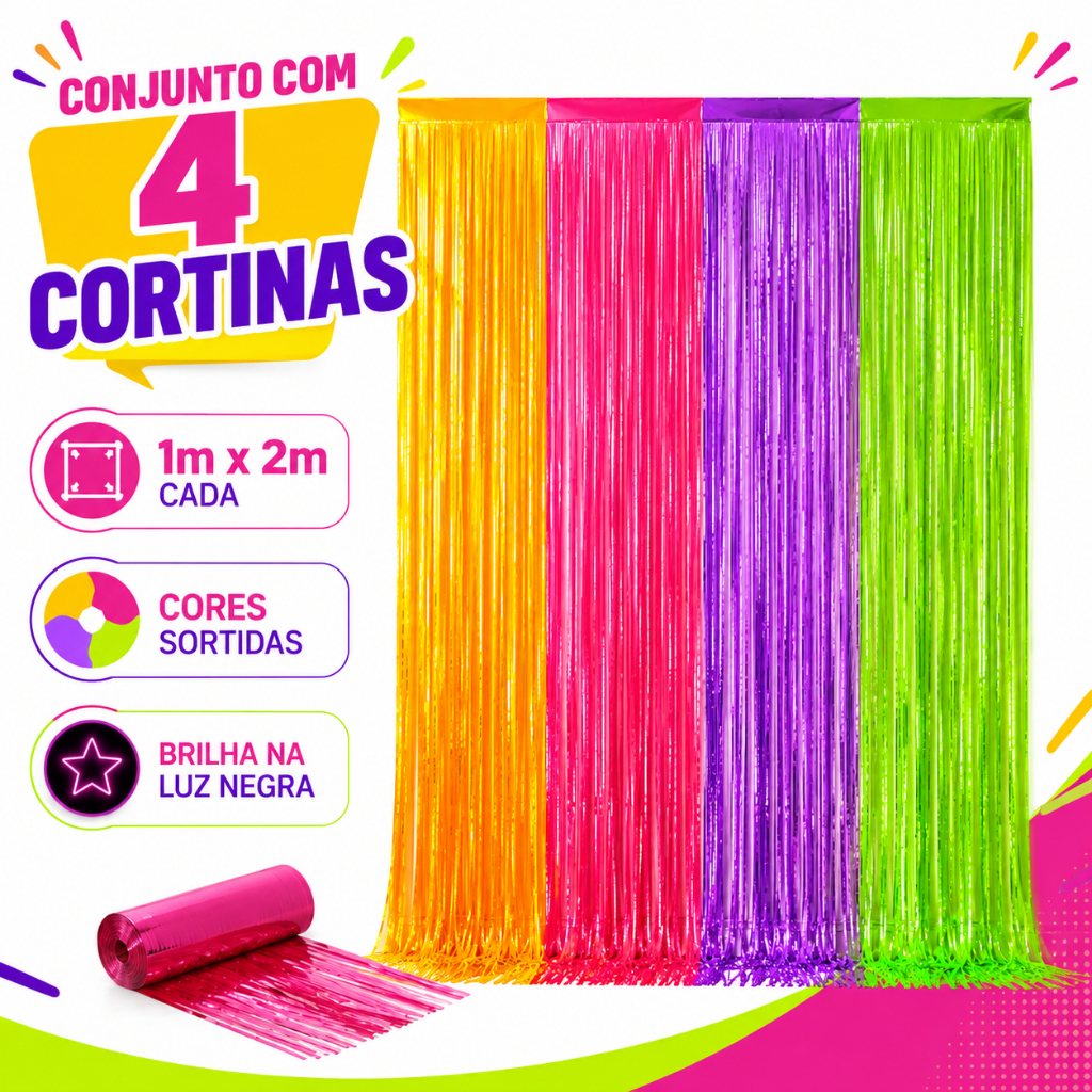Kit 4 Cortinas Neon Metalizadas 1m x 2m Luz Negra Festa Painel Decoração Aniversário Balada
