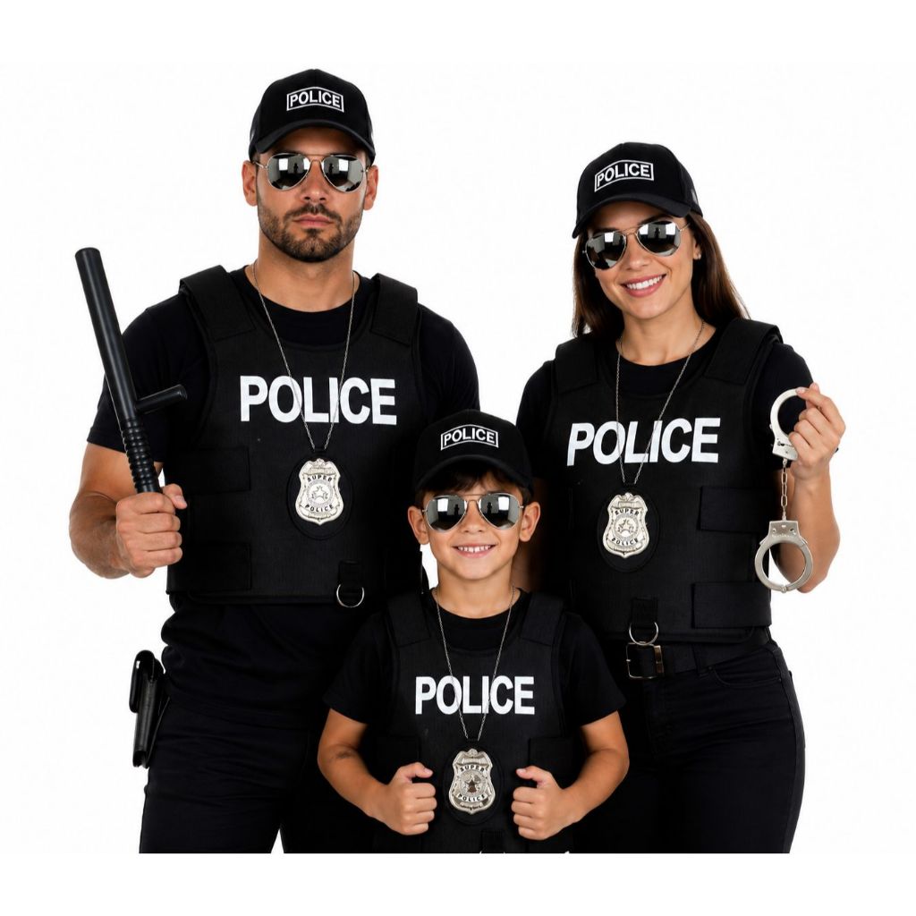 Fantasia Policial Militar Adulto Infantil Feminina Completa com Boné Algema Festa Carnaval Cosplay