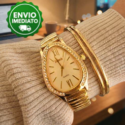 Relógio Feminino Cobra Elegante Com Pedras Pulseira Elástica Prata Rose e Our Strass Dia Namorados