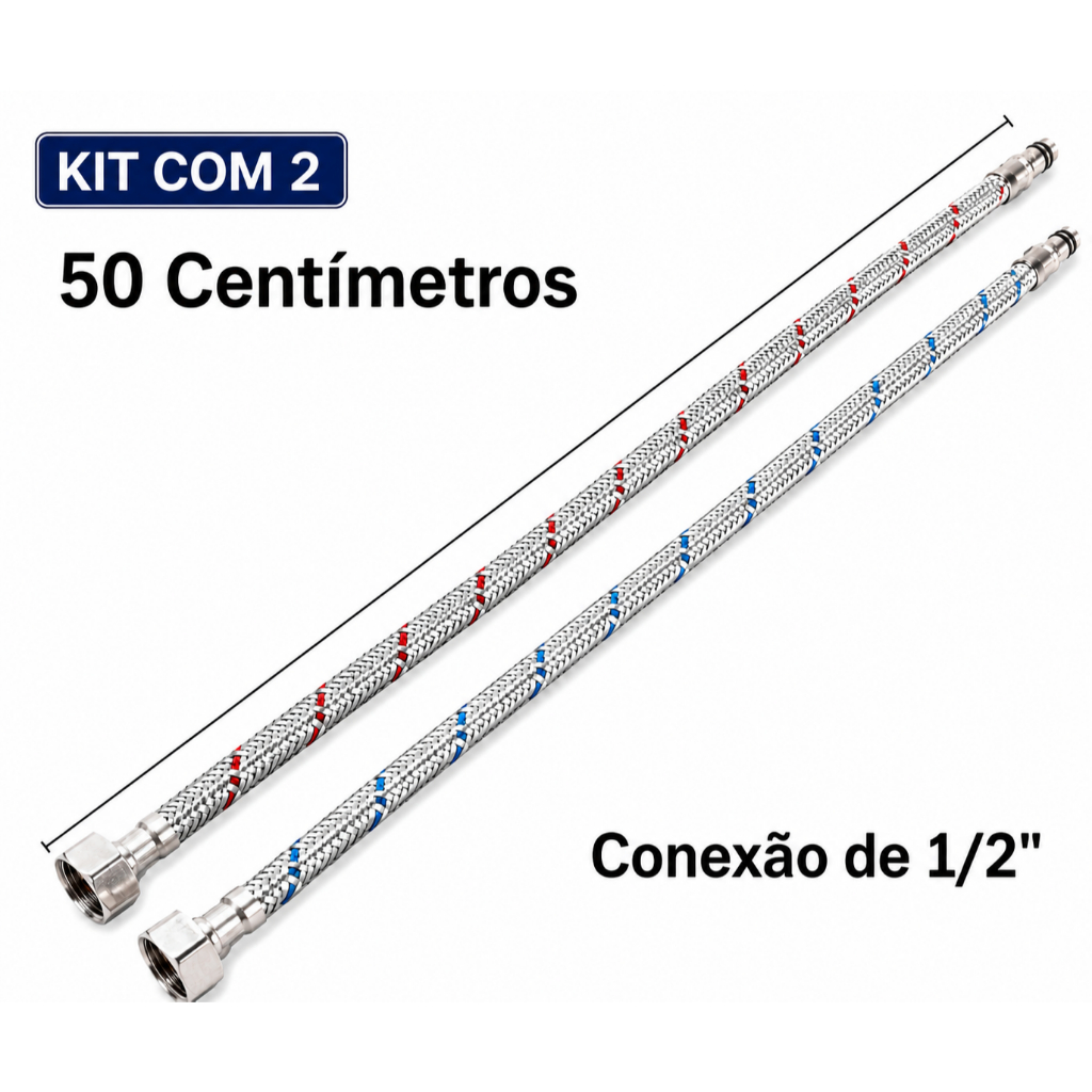 Par Engate Flexível para Misturador Monocomando | 50cm 1/2" Prateado | KIT com 2