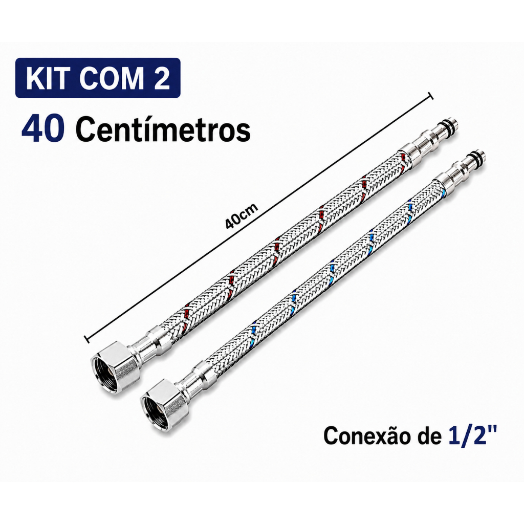 Par Engate Flexível 40cm | Inox P/ Misturador Monocomando 1/2 Premium | KIT com 2