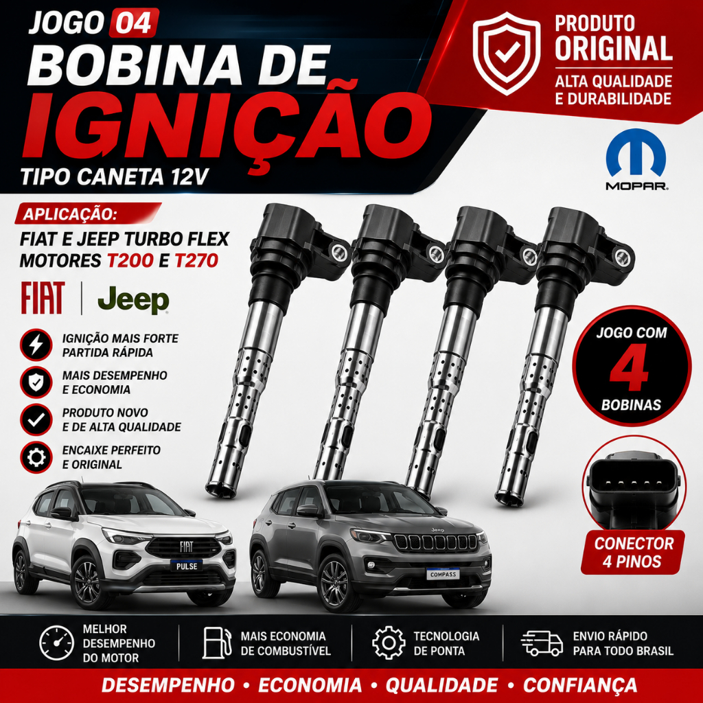 Jogo 04 Bobina de Ignição Tipo Caneta 12v Mopar Eldor Para Fiat e Jeep Turbo Flex Motor T200 e T270