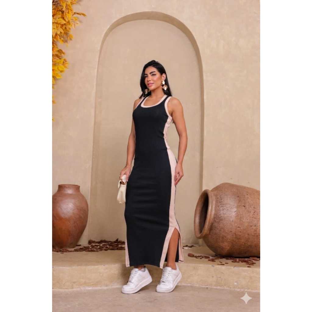 Vestido Regata Midi Tubinho Bicolor Gola Redonda Ribana Algodão Premium Canelado Moda Gringa