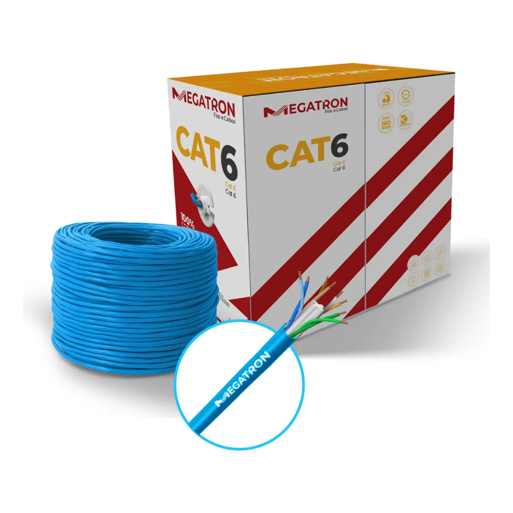 Cabo Lan Rede Cat6 305 Metros Megatron U/UTP CM AZUL 4PX23AWG  23AWG 100% Cobre