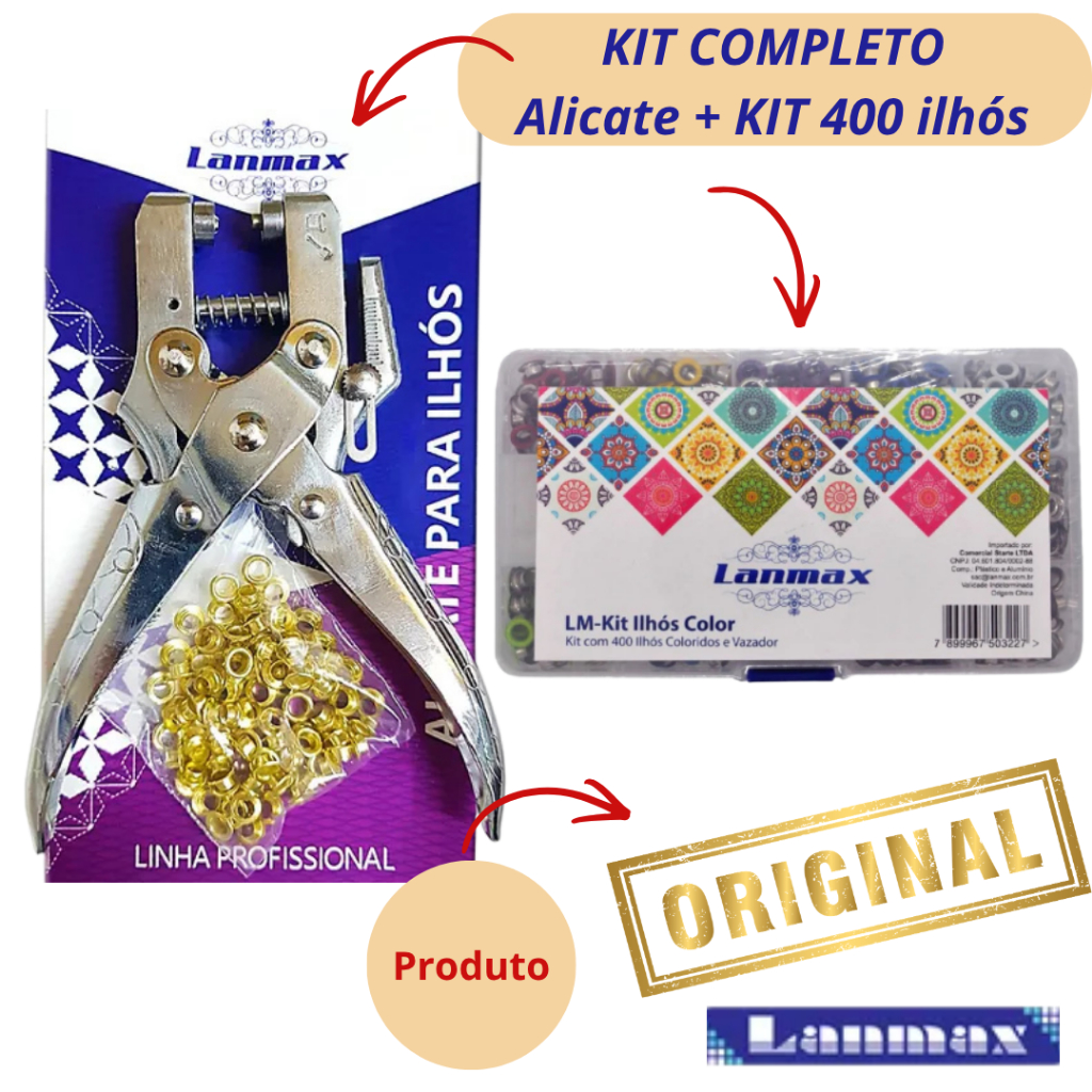 Kit Alicate Aplicador de Ilhós + 400 Ilhós Coloridos Lamax | Ferramenta Para Artesanato, Scrapbook, Couro, Tecido e Pape