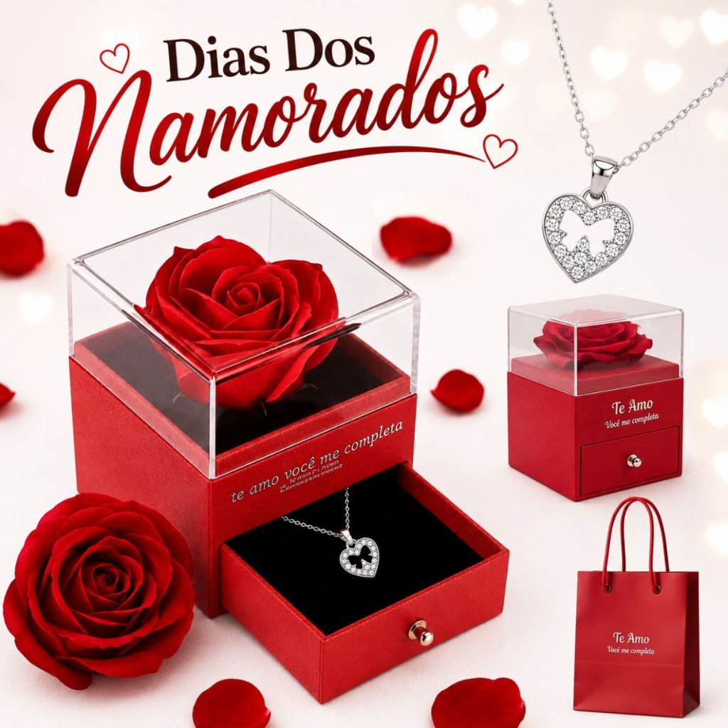 Presente para Mulheres Colar com Rosa Eterna Porta Joias Mãe Avó Esposa Filha Namorada Noiva