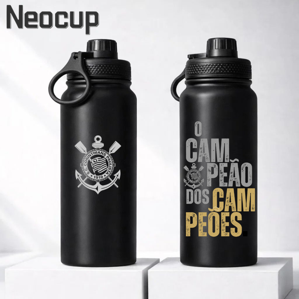 Garrafa Térmica Aço Inoxidável 304 Fresh Time de Futebol Corinthians com alça e com tampa 600ml