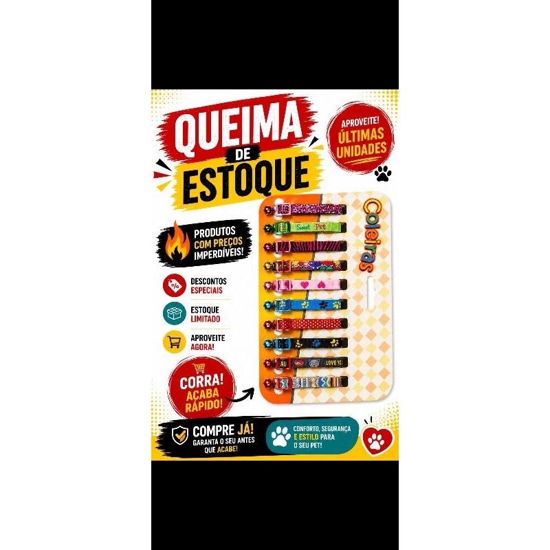 Cartela com 10 unidades de Coleiras Pet com Guizo e Ajuste Regulável – Modelos Sortidos