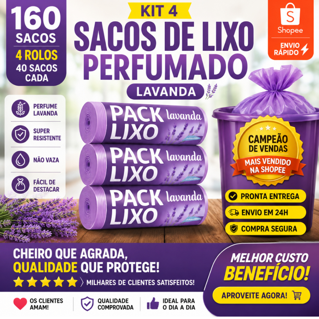 Sacos de Lixo Perfumados Lavanda Kit 4 Rolos 160 Sacos Reforçados 34x38cm Anti Odor Resistente Para Banheiro Pia Cozinha