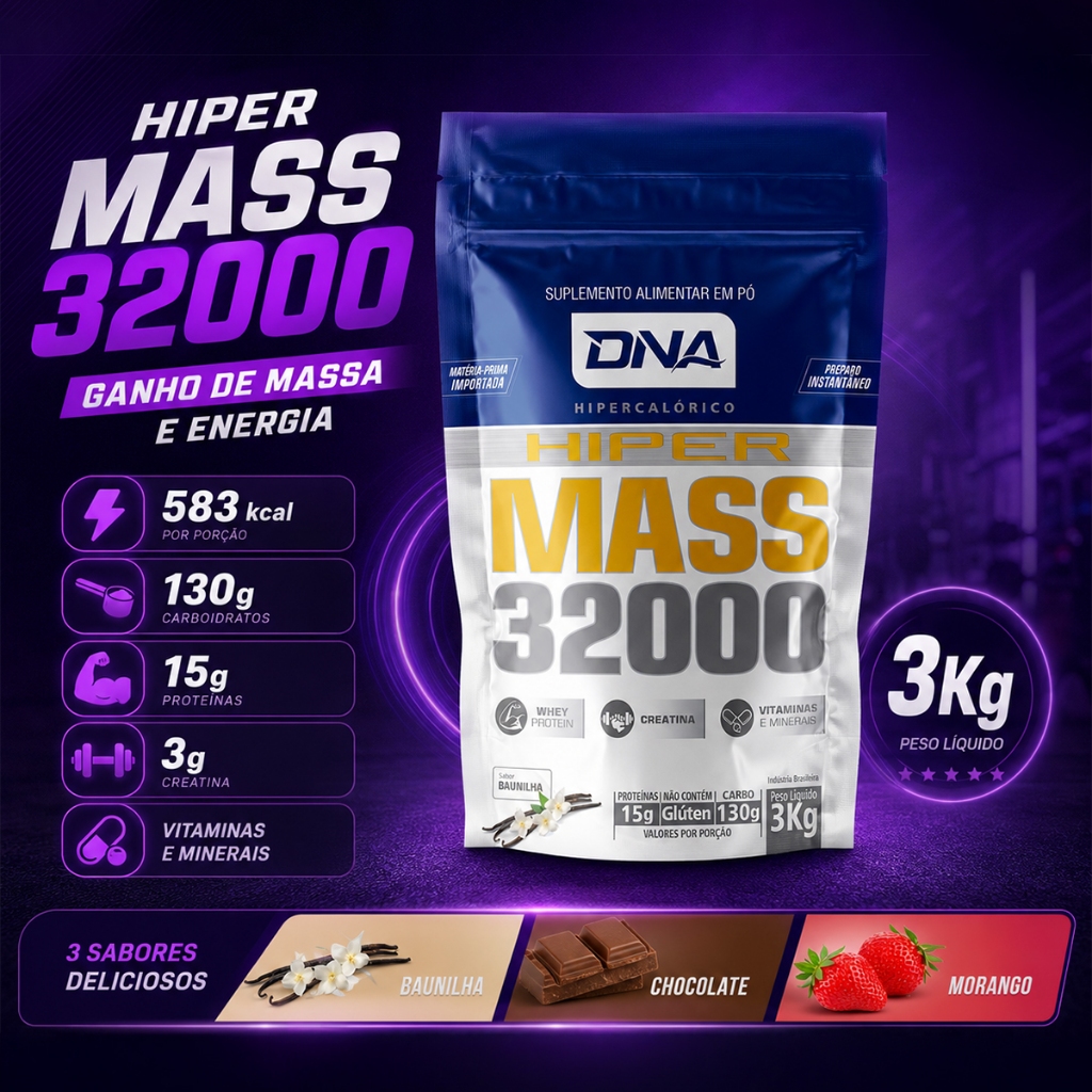 Whey Hipercalórico Hiper Mass 32000 3kg DNA Chocolate Morango Baunilha 583kcal Creatina Massa Fortes