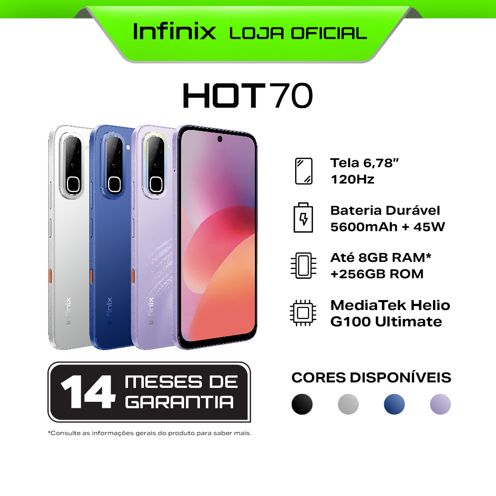 Smartphone Infinix HOT 70 5G 256GB bateria 6000mAh