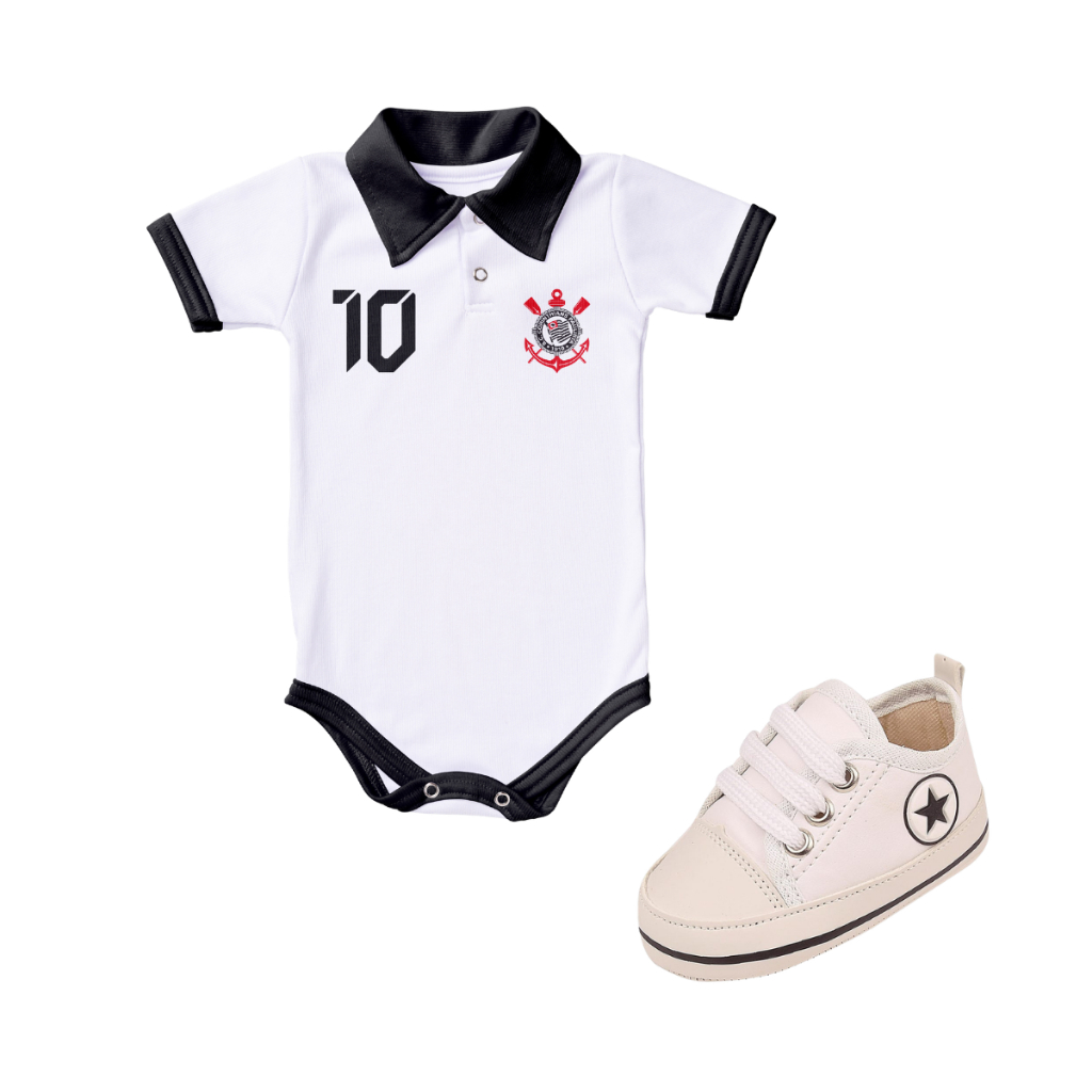 Kit 2 Peças Body Corinthians Branco Torcida Baby Original e Tênis Star Bebe Mania Branco 71303
