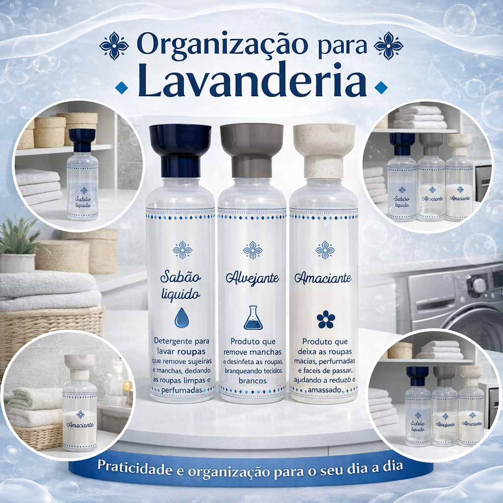 Porta Sabão Liquido Amaciante e Alvejante Tampa Dosador 3 Unid Lavanderia