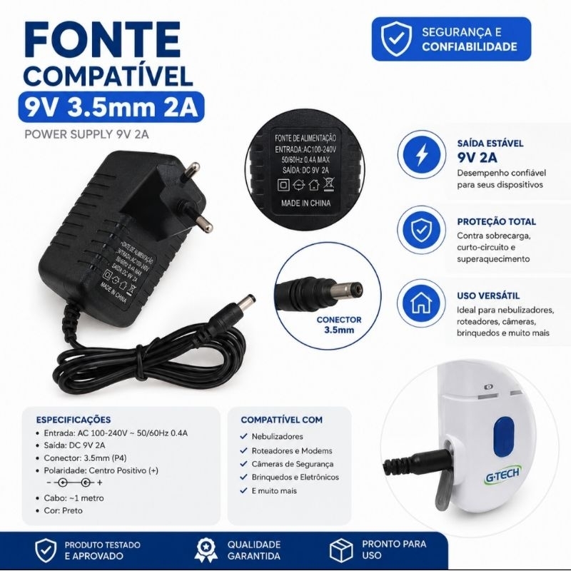 Fonte carregador compatível 9V 3.5A 2A para nebulizador portátil, inalador e diversos aparelhos