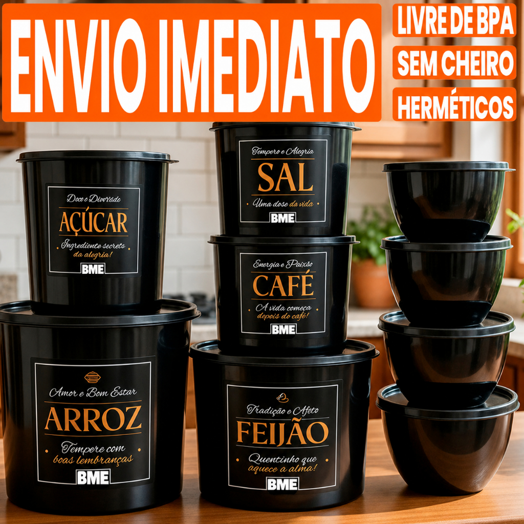 Kit Mantimentos Potes de Cozinha com 9 Peças de Plástico Decorado
