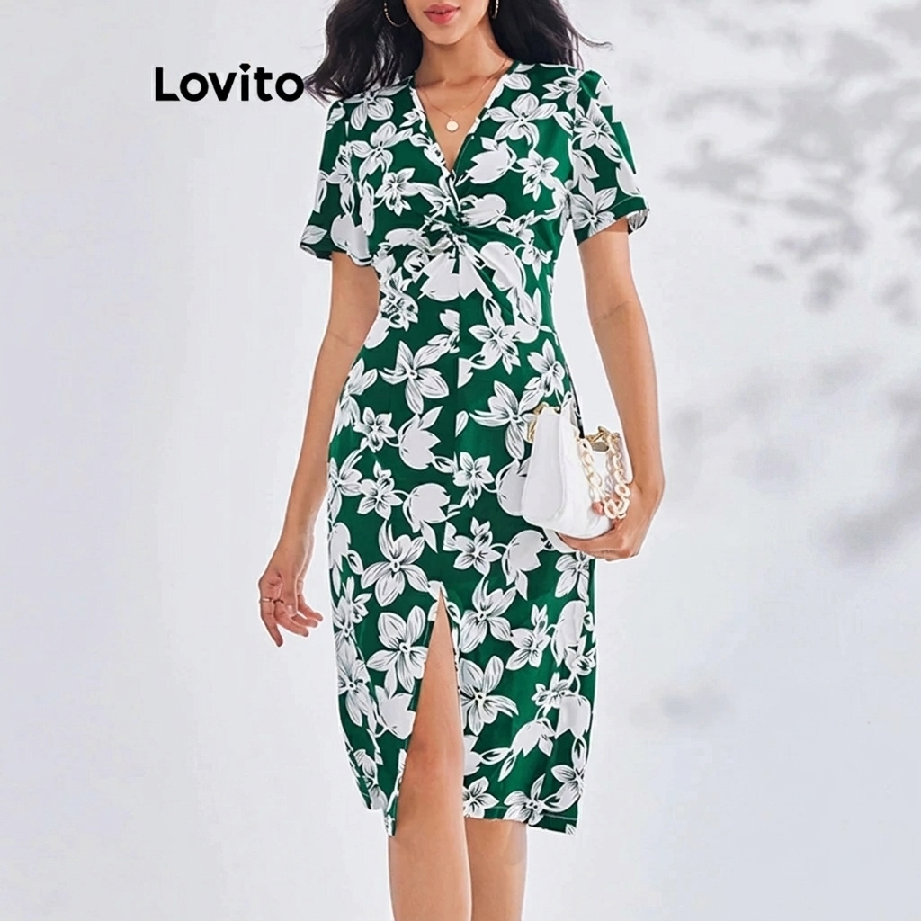 Lovito Vestido Midi Feminino Com Mangas Curtas DRB3BR142