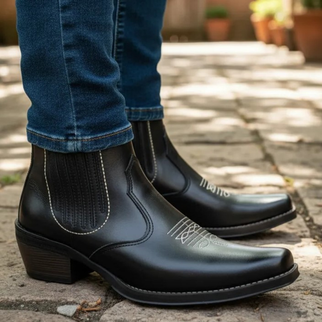 Bota Country Masculina Cor Preta Bico Fino Estilo Texana Cavalgada Vaquejada Rodeio Couro Legitimo Solado Costurado 3331