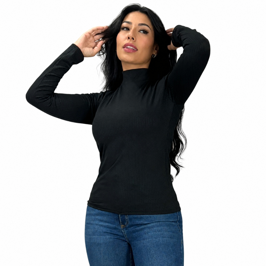 Blusa Feminina de Malha Gola Alta Quentinha Canelada Básica Cacharrel Manga Longa Frio Inverno Dia a Dia