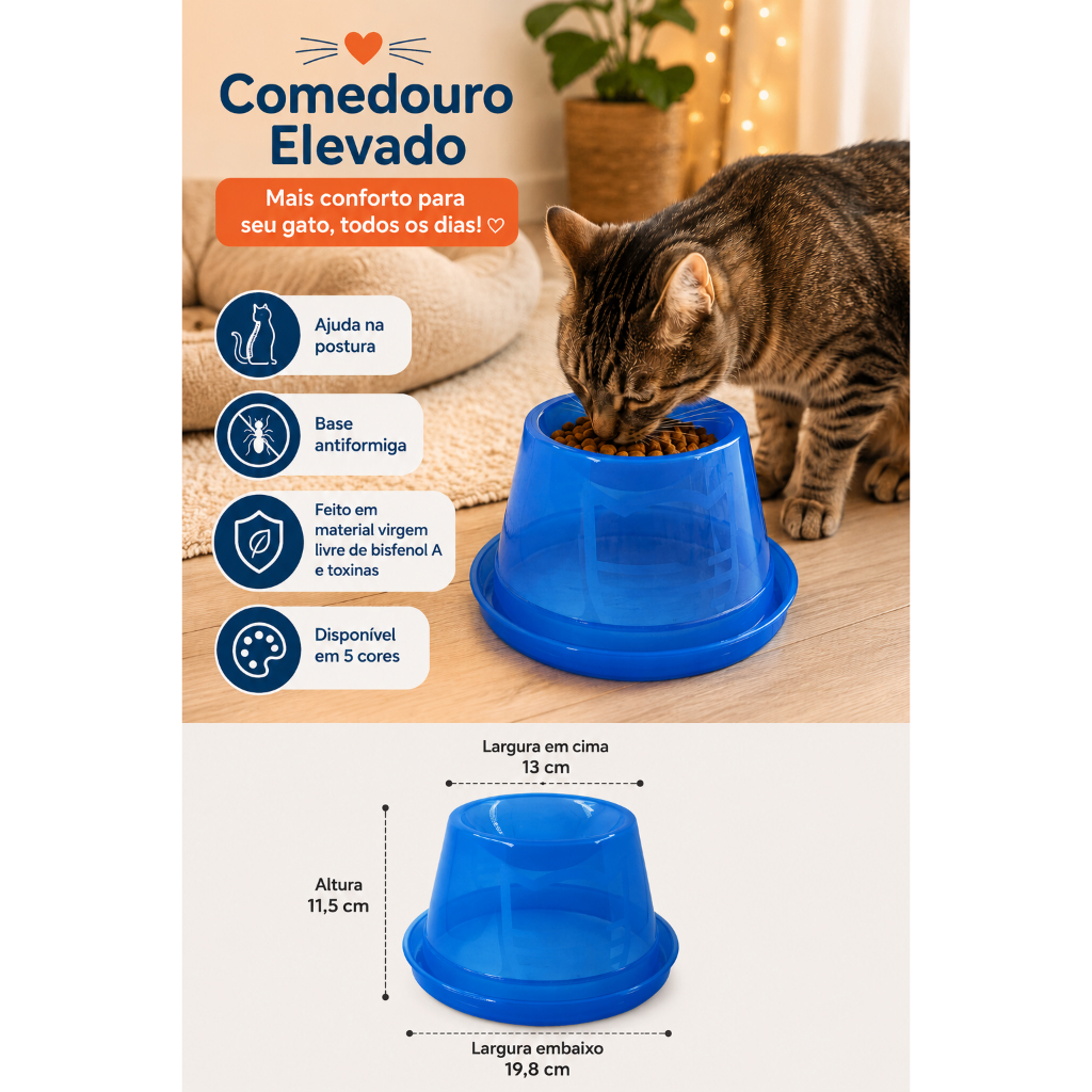 Bebedouro Gato Comedouro Alto Elevado Gatos Anti-formiga Ergonômico - 150ml - Postura Correta