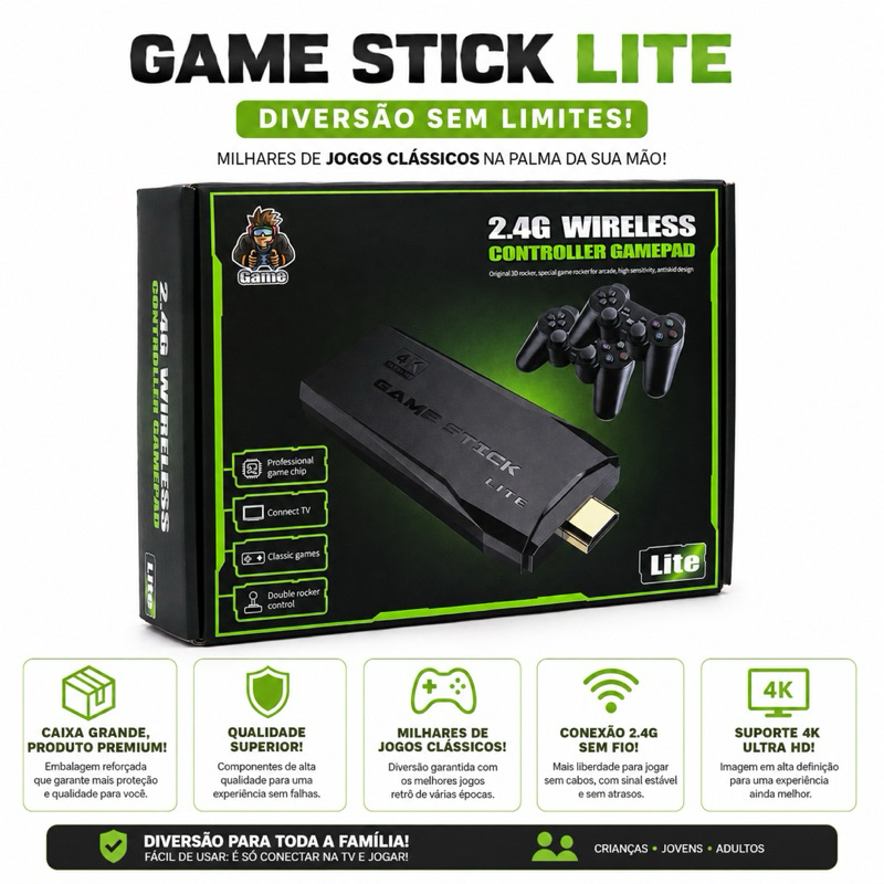 GameStick Lite Caixa Grande Original 4K Qualidade Superior + 2 Controles Sem Fio