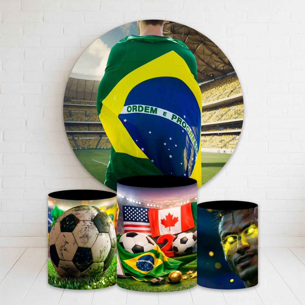 Kit Painel Redondo 1,50m + Trio Capas Cilindro Brasil Copa Do Mundo 2026 Completo Sublimad0 Brasil Copa Do Mundo