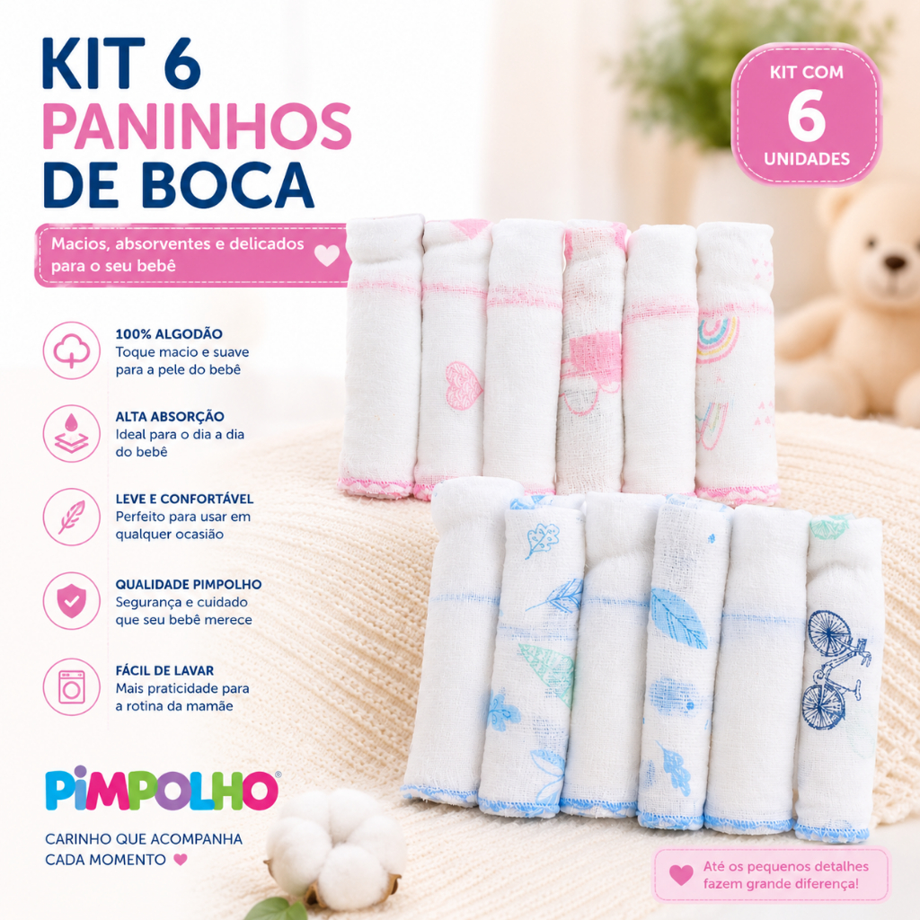 Kit 6 Paninhos Boca Bebê Babete Fralda Algodão Toalhinha