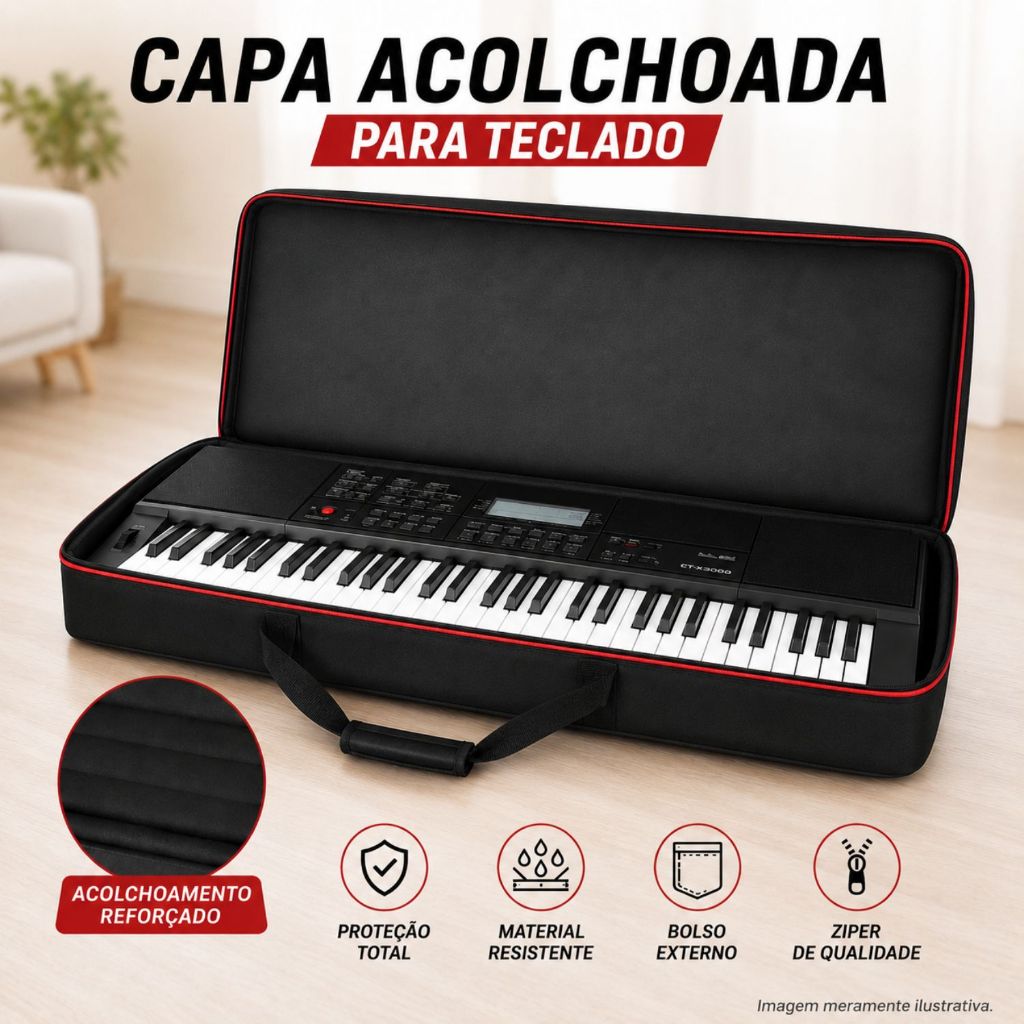 Capa Bag para teclado 5/8 61 teclas reforçada com espuma densa alça tipo mochila