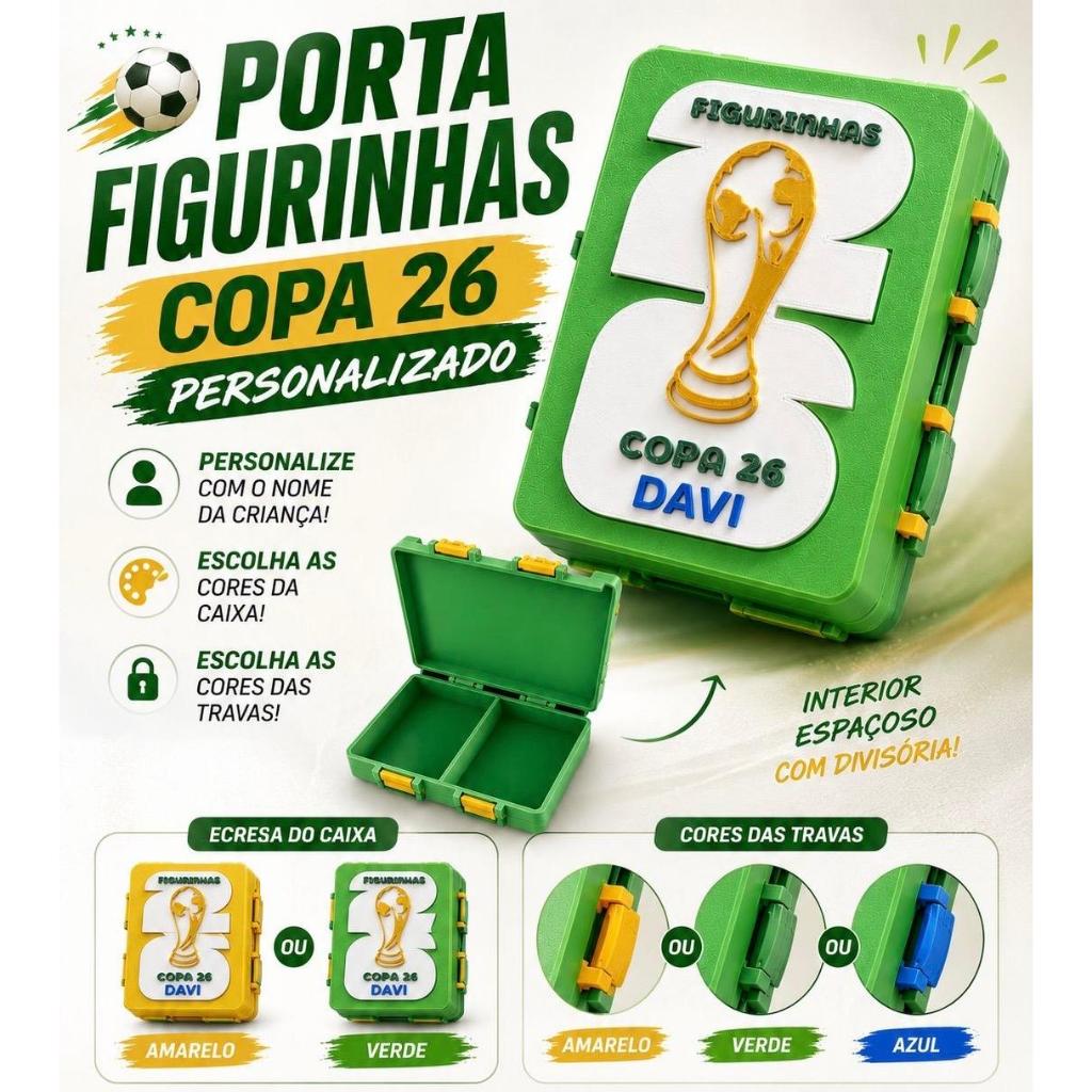 Caixa Porta Figurinhas Dupla com Divisória Álbum Copa do Mundo 2026 Personalizada com Nome e Fechos