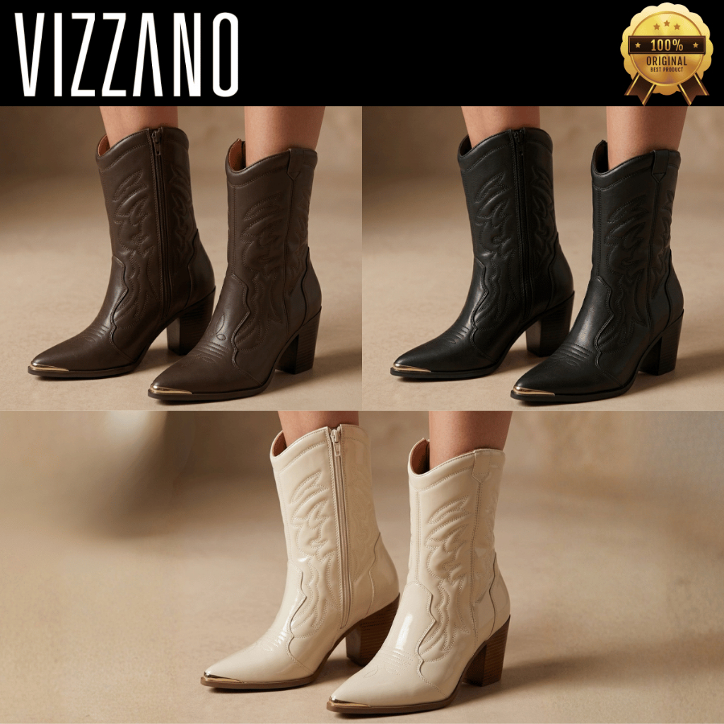 Bota Western Feminina Vizzano Preta Cano Médio Salto Grosso Confortável Country Elegante