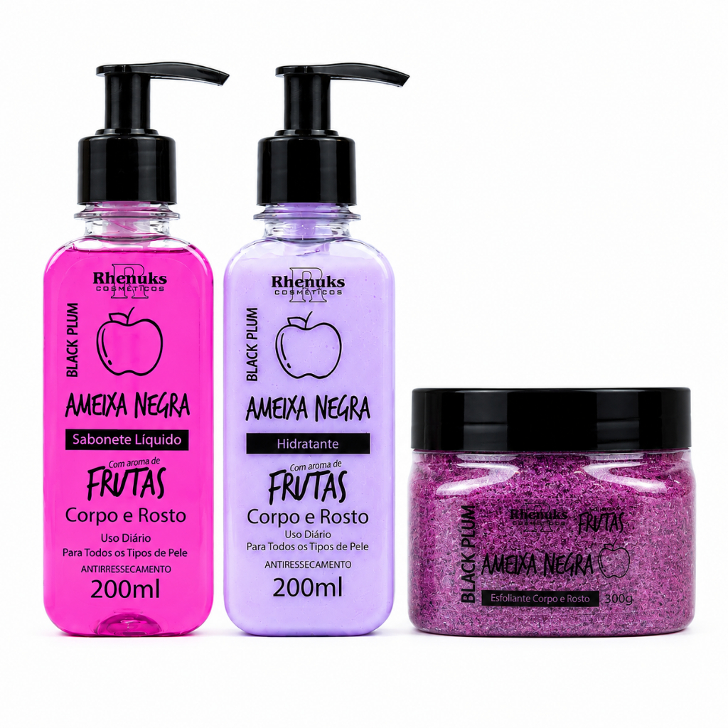 Kit Skincare Corpo e Rosto Ameixa Negra – Sabonete Líquido + Hidratante + Esfoliante