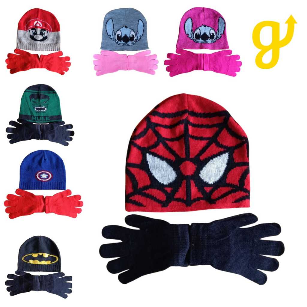 Kit Touca Luva Homem Aranha Stitch Hulk Personagens Heróis Frio Inverno