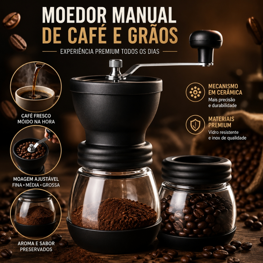 Moedor de Grãos de Café Manual com Recipiente de Vidro e Lâmina Inox - Moagem Fina a Grossa