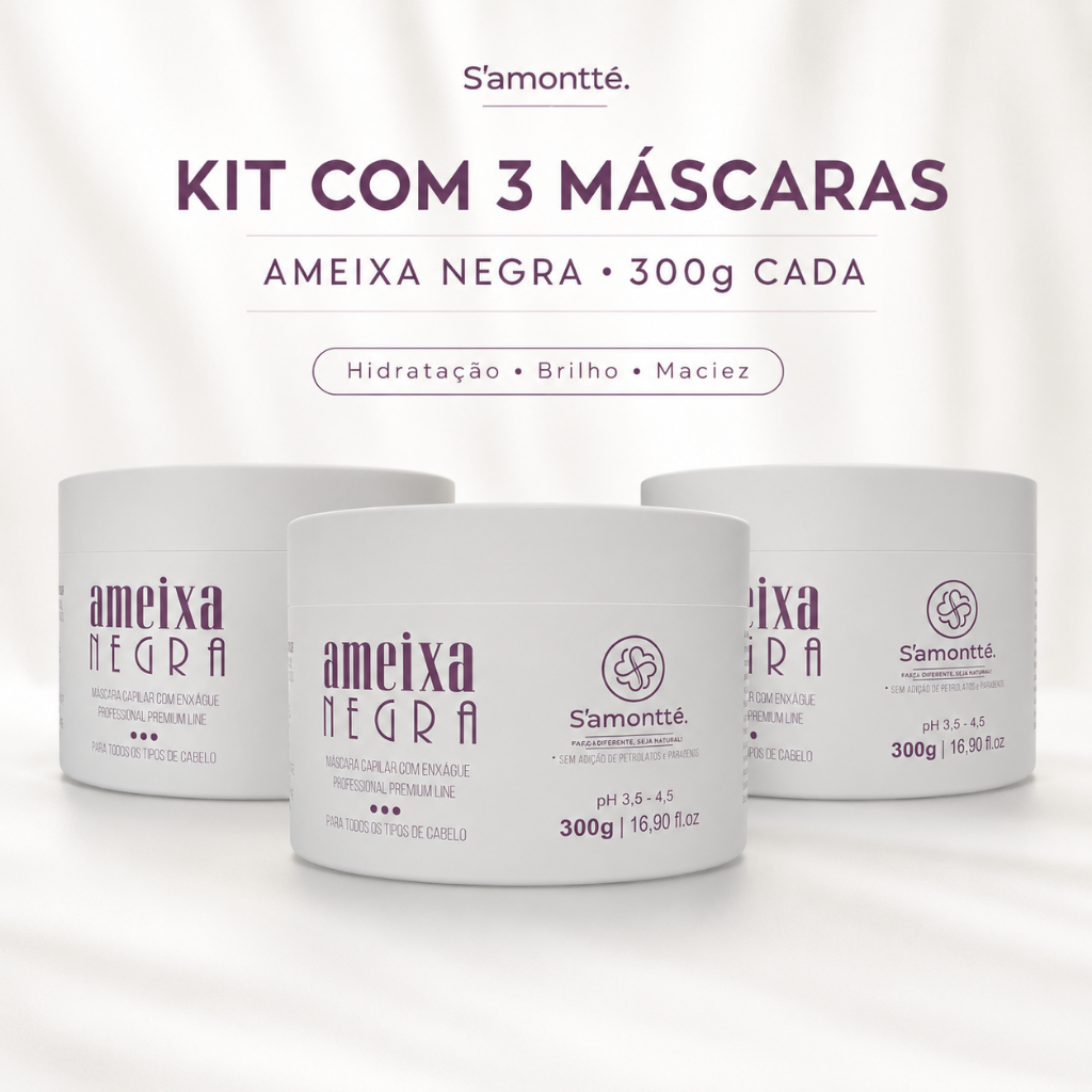 Kit 3 Máscaras Ameixa Negra S’amontté 300g Hidratação Nutrição Brilho Maciez Anti Frizz Cabelos Ressecados