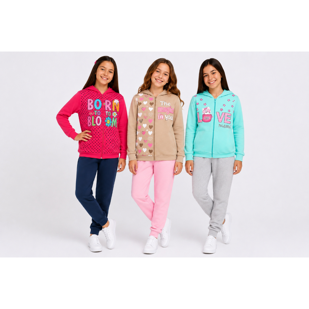 Kit 2 Conjuntos Juvenil Jaqueta de  Moletom Básico Menina – Com Capuz – Inverno – Tamanhos 10 ao 14 – Estampas Sortidas