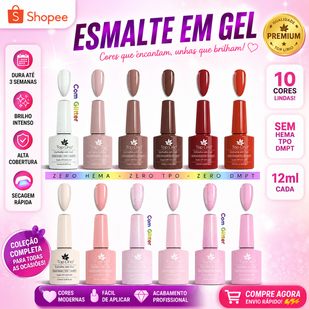 Kit 12 Esmaltes em Gel Led Uv p/ Unhas 12ml Lirio E01